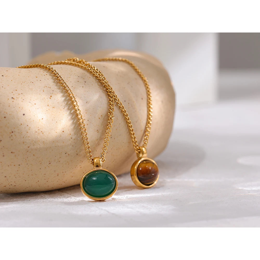 Yhpup Green Agate Tiger Stone Pendant Necklace for Women 316L Stainless Steel Gold Color Chain Collar Fashion Charm Jewelry