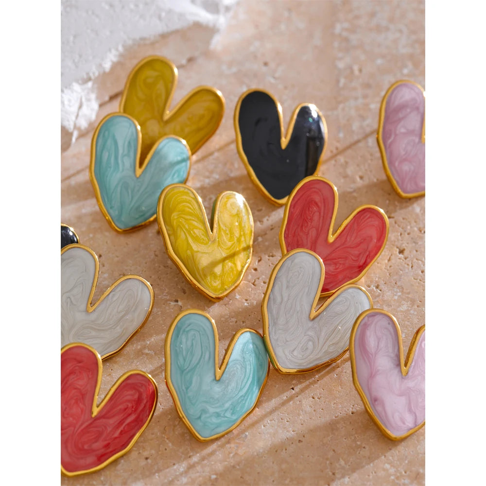 Yhpup Sweet Enamel 3-colors Heart Spring Summer Love Stud Earrings Waterproof Stainless Steel Fashion Y2K Daily Jewelry 2024