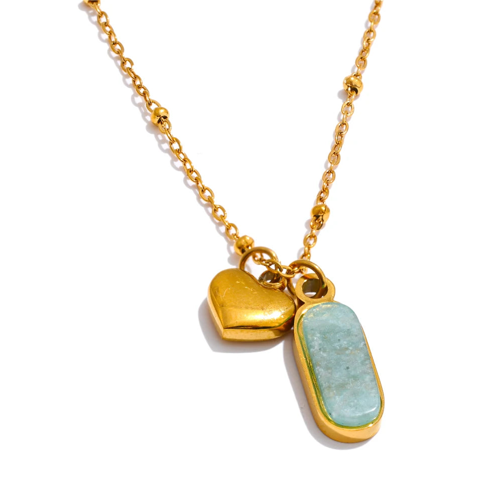 Yhpup Popular Natural Amazonite Stone Heart Oval Drop Necklace Women Stainless Steel Polished Waterproof Fashion Jewelry Gift