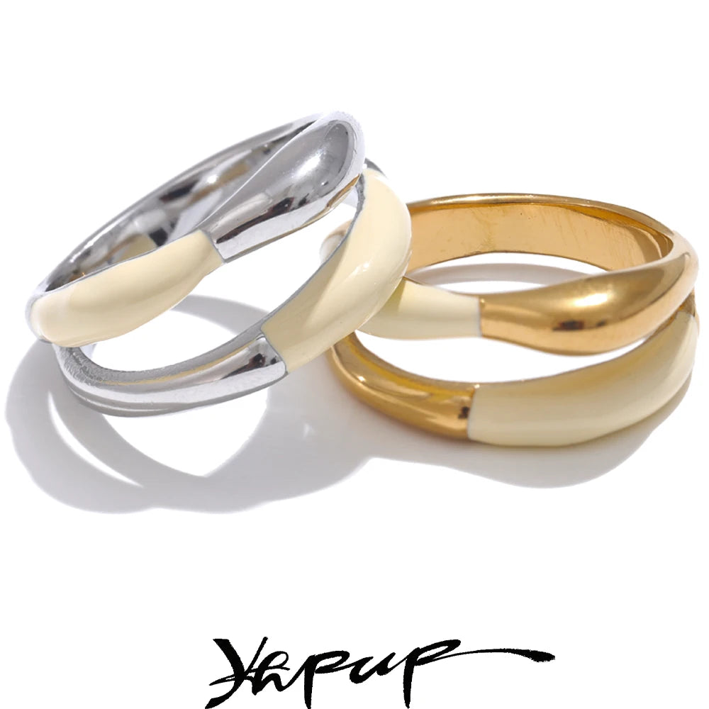 Yhpup Stainless Steel Exquisite Ring Beige Enamel Fashion 18k Gold Platinum PVD Plated Daily Finger Jewelry Bijoux for Women
