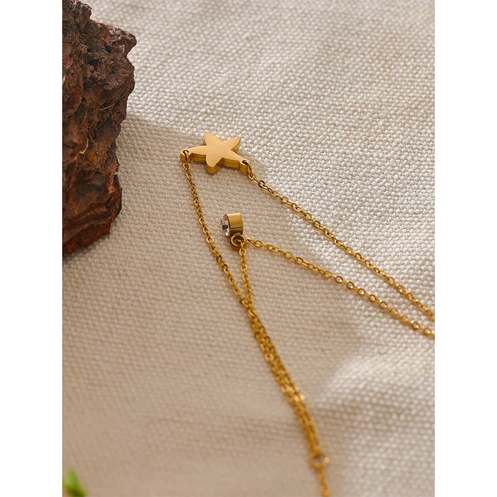 Yhpup Fashion Natural Shell CZ Star Double Layer Pendant Stacking Chic Necklace Gold Color Chain Stainless Steel Collar Jewelry