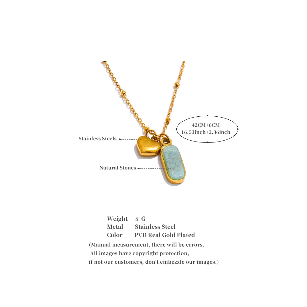 Yhpup Popular Natural Amazonite Stone Heart Oval Drop Necklace Women Stainless Steel Polished Waterproof Fashion Jewelry Gift