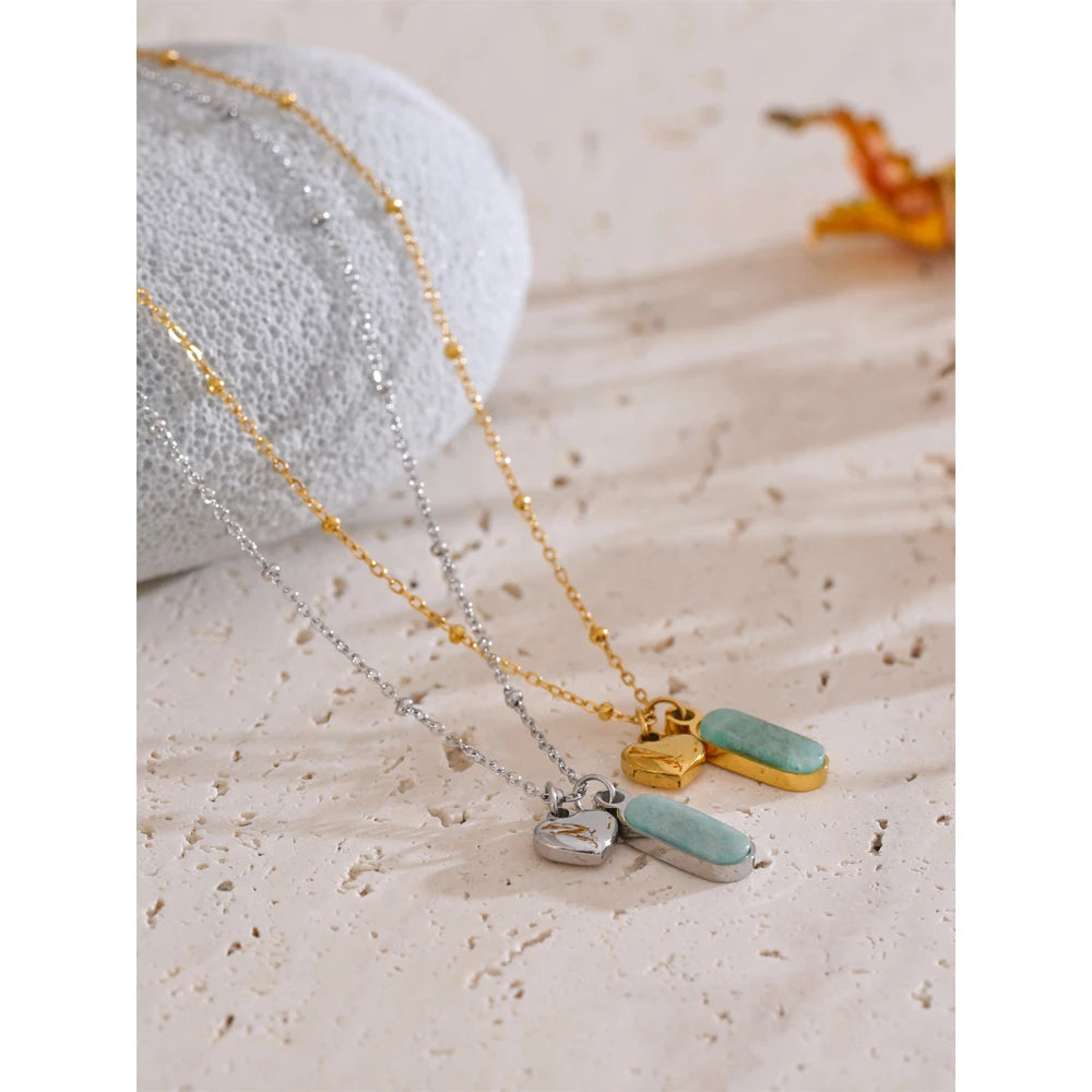 Yhpup Popular Natural Amazonite Stone Heart Oval Drop Necklace Women Stainless Steel Polished Waterproof Fashion Jewelry Gift