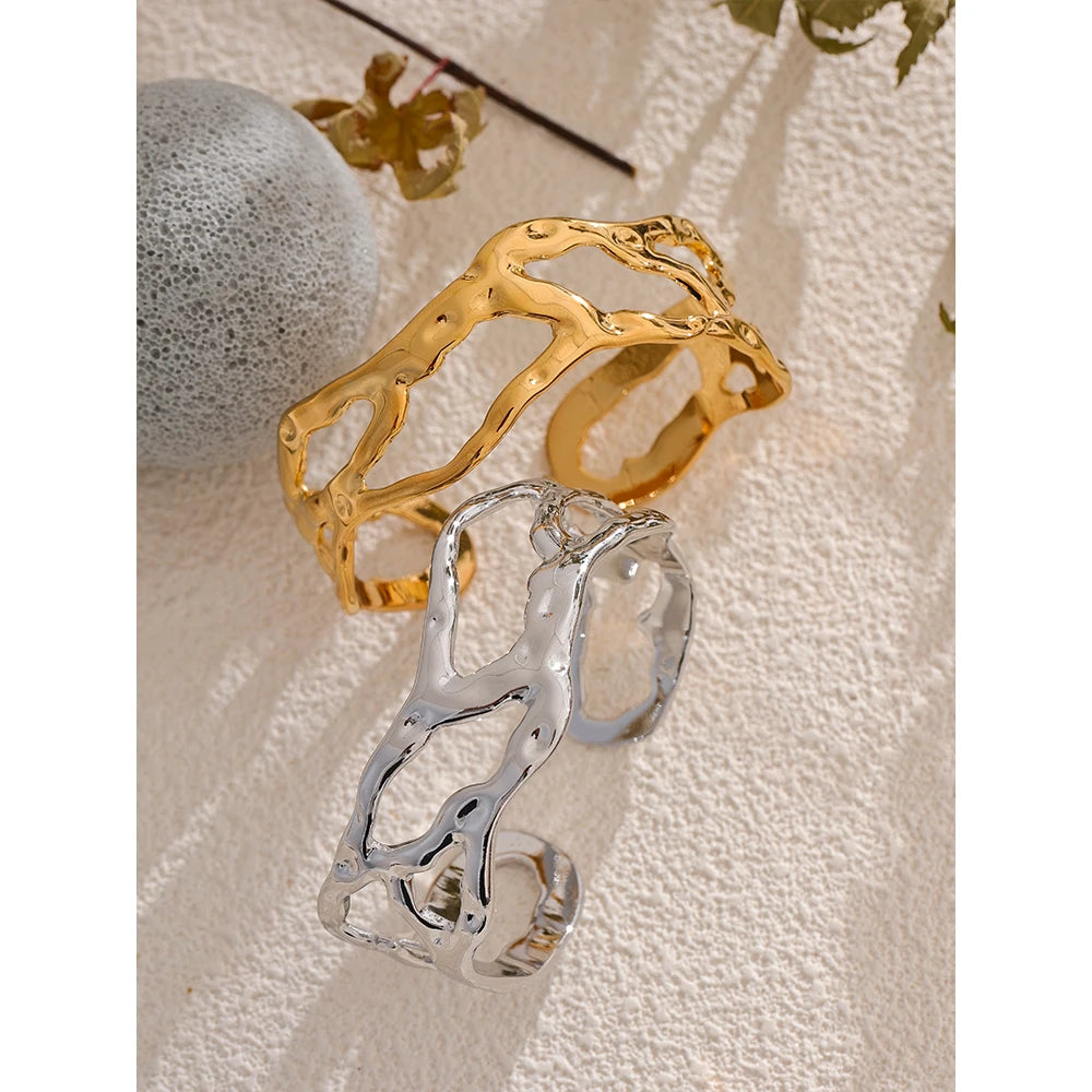 Yhpup Stylish Unique Design Stainless Steel Metal Hollow Wide Cuff Bracelet Bangle Texture Rust Proof 18K PVD Plated Jewelry