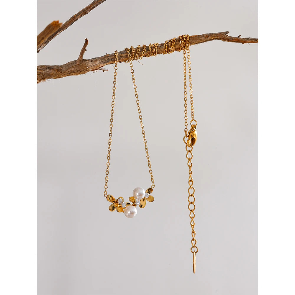 Yhpup Summer Zircon Pearl Flower Collar Necklace Pendant 316L Stainless Steel Chain 18K Gold Color Chic Exclusive Jewelry