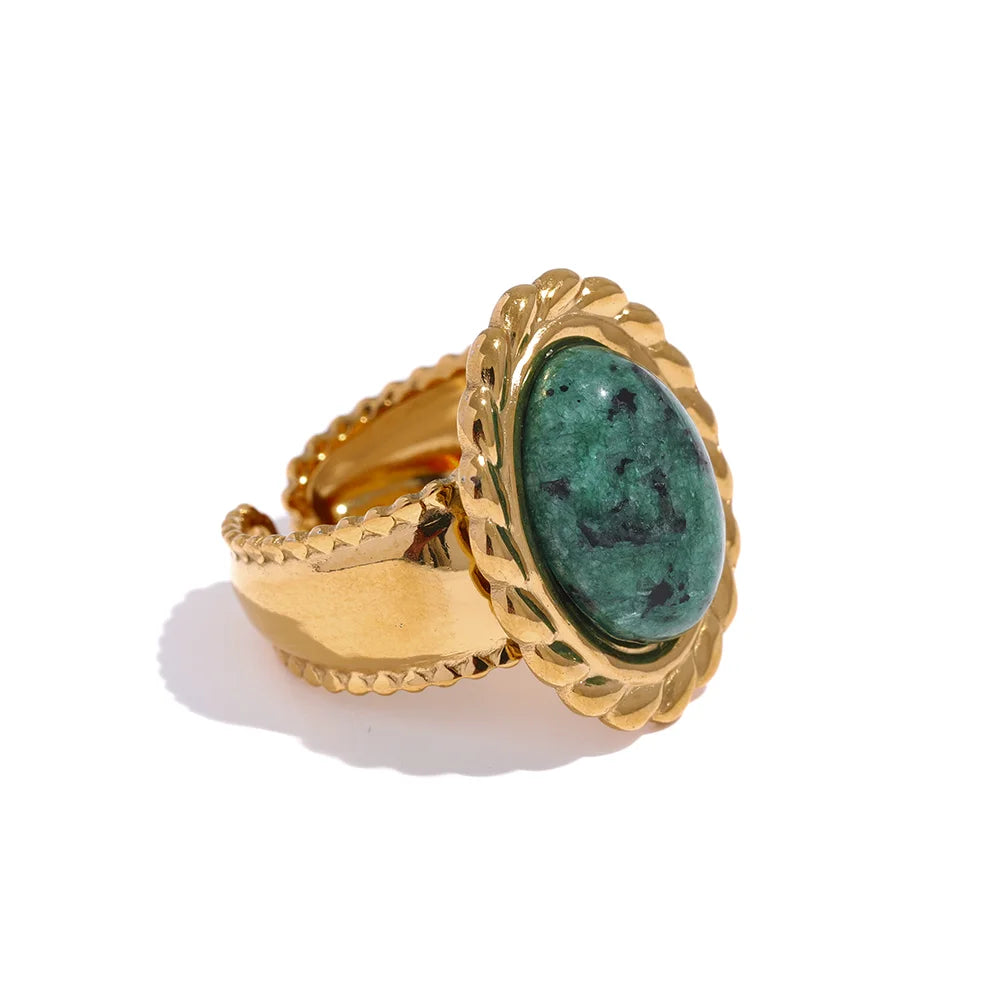 Yhpup Stainless Steel Wide Chunky Ring Inlaid Tiger Natural Stone Jewelry Trend Europe Bijoux Vintage Stylish Statement