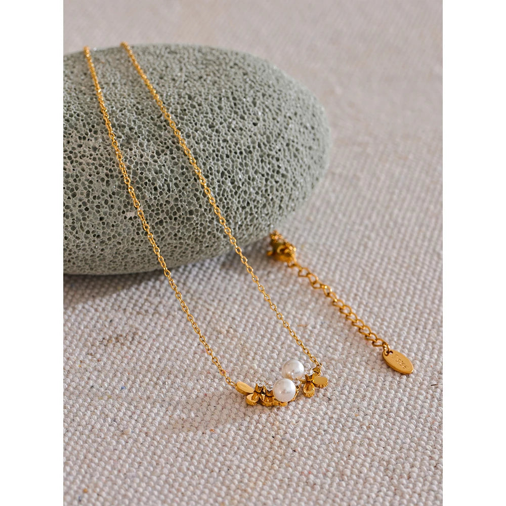 Yhpup Summer Zircon Pearl Flower Collar Necklace Pendant 316L Stainless Steel Chain 18K Gold Color Chic Exclusive Jewelry