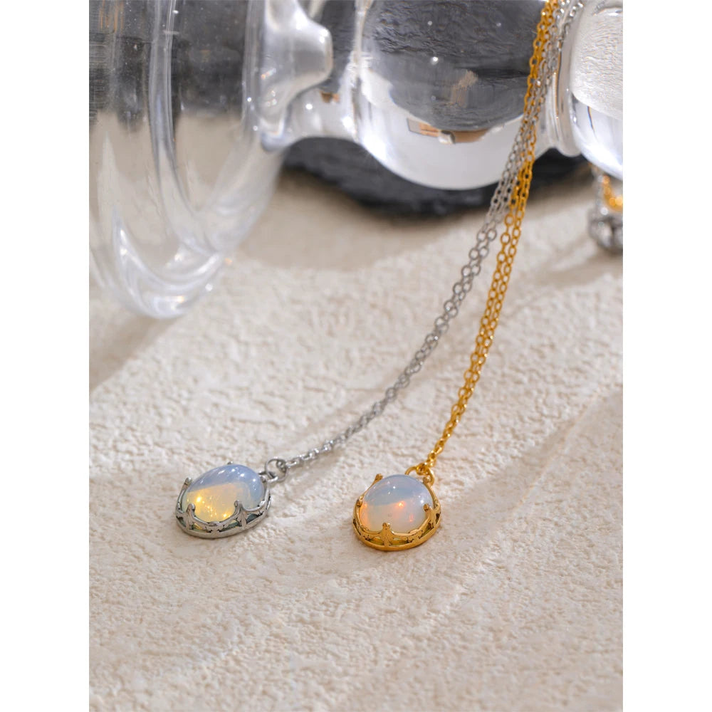 Yhpup Natural Opal Stone Pendant Fashion Necklace for Women Stainless Steel High Quality Popular Jewelry Waterproof Gift
