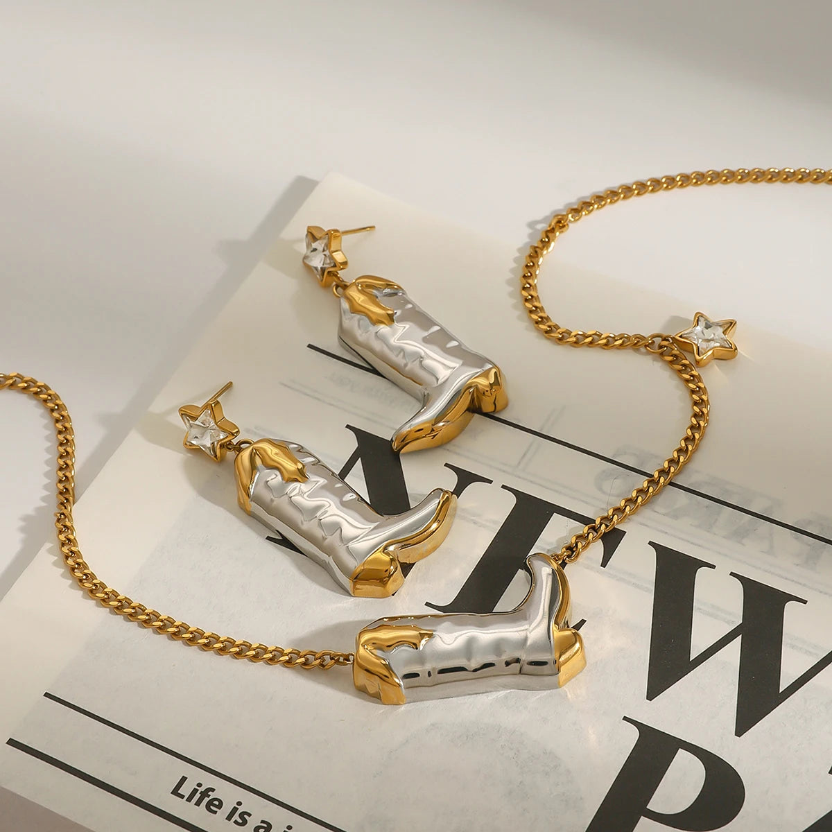Youthway Exquisite Statement Stainless Steel Gold&Silver White Zircon Star Boots Pendant Necklace Earrings Trendy Lady Jewelry