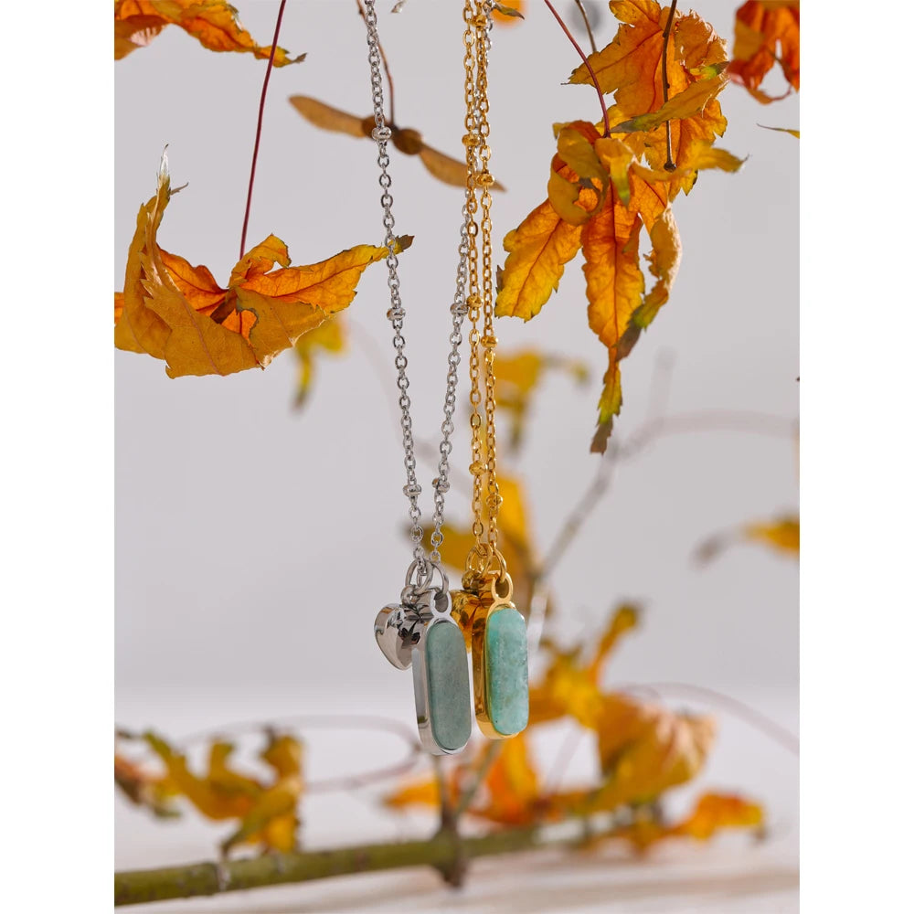 Yhpup Popular Natural Amazonite Stone Heart Oval Drop Necklace Women Stainless Steel Polished Waterproof Fashion Jewelry Gift