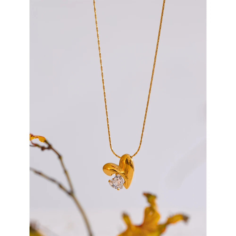 Yhpup Stylish Design Stainless Steel Metal Zirconia Heart Pendant Necklace Golden Collar Romantic Charm Jewelry Gift 2025