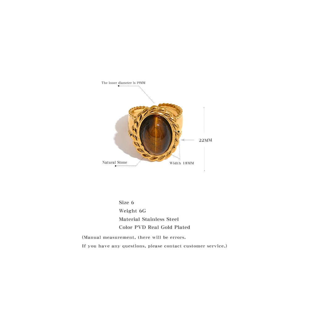 Yhpup Stainless Steel Wide Chunky Ring Inlaid Tiger Natural Stone Jewelry Trend Europe Bijoux Vintage Stylish Statement
