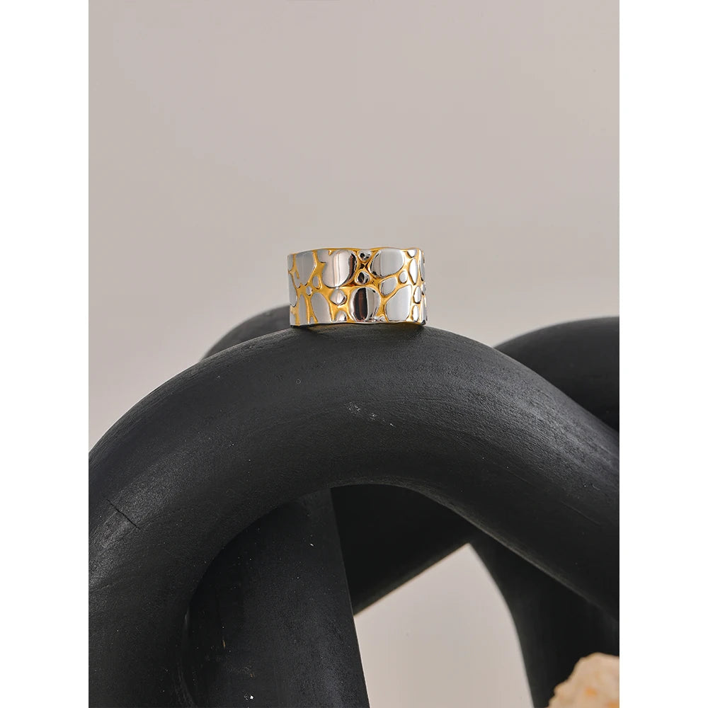 Yhpup Stainless Steel Metal Wide Double Color Statement Ring for Women 18K PVD Plated Personalized Temperament Jewelry Gift
