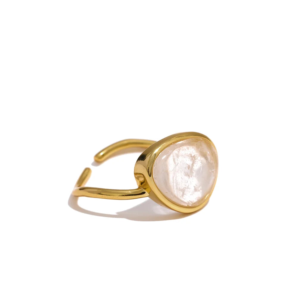 Yhpup S925 Sterling Silver Natural Stone Crystal Adjustable Chic Open Ring for Women Fashion Golden INS Moonstone Fine Jewelry