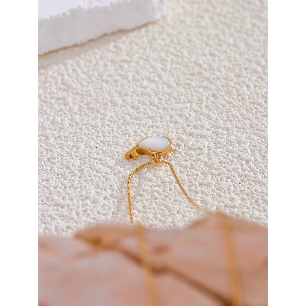 Yhpup Chic High Quality Natural Shell Whale Pendant Necklace Water Resistant Golden Stainless Steel Summer Daily Jewelry New