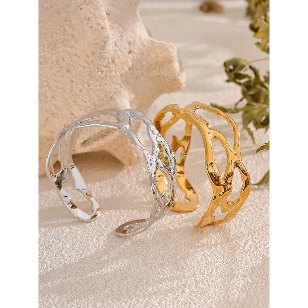 Yhpup Stylish Unique Design Stainless Steel Metal Hollow Wide Cuff Bracelet Bangle Texture Rust Proof 18K PVD Plated Jewelry