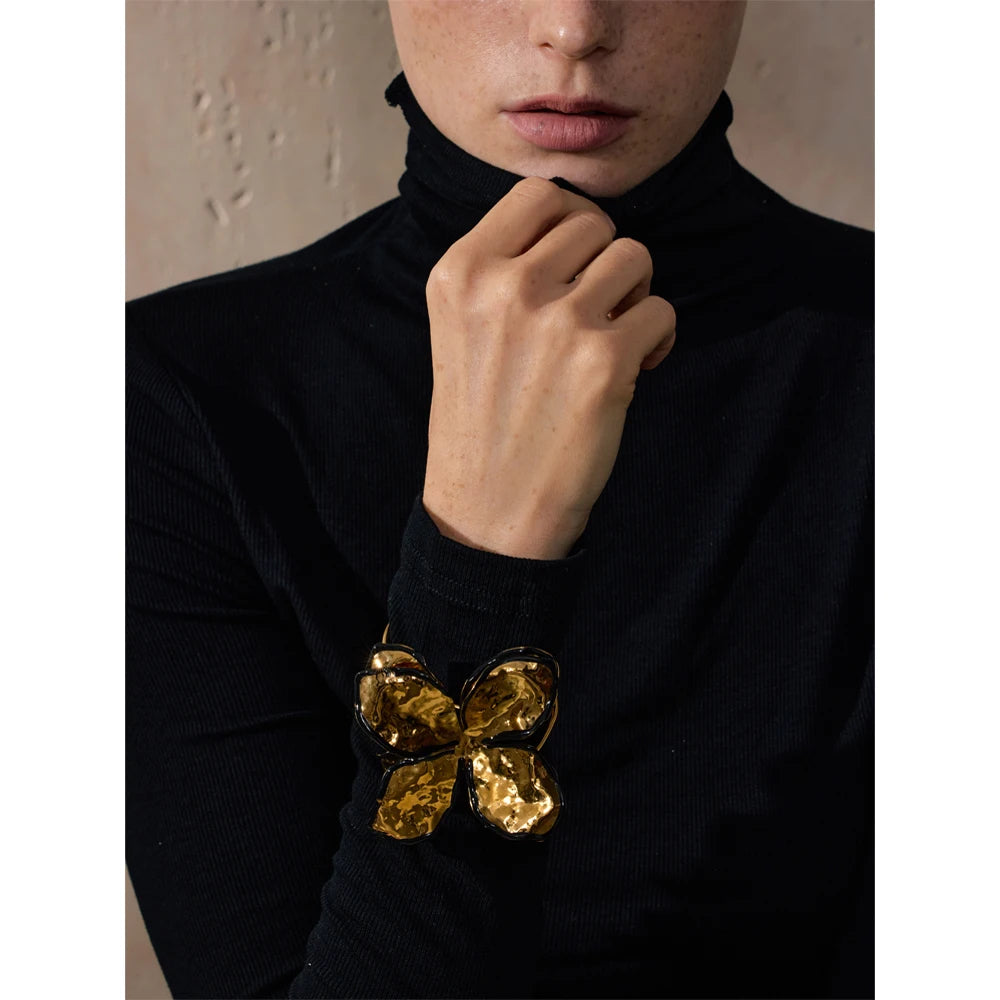 Yhpup Exclusive Stainless Steel 18K Gold Plated Fashion Large Flower Exaggerated Open Bracelet Bangle Personalized Jewelry Gift