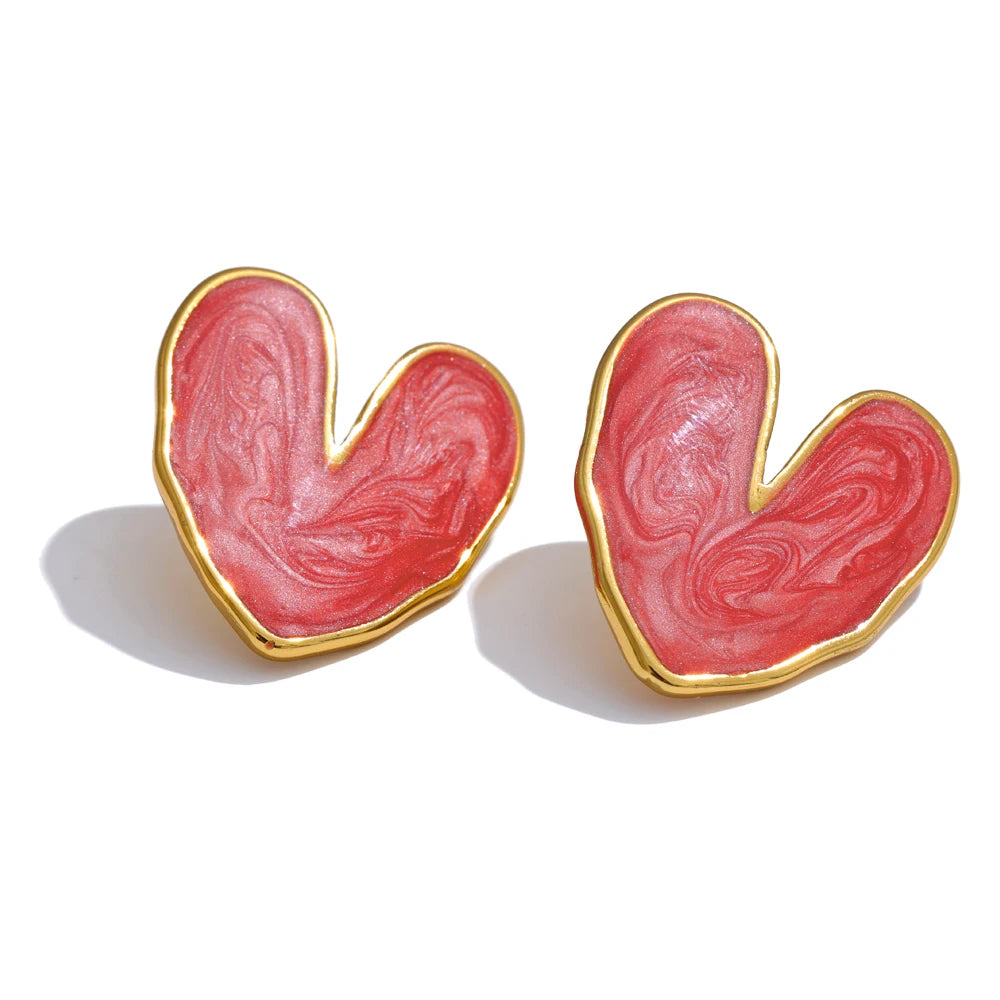 Yhpup Sweet Enamel 3-colors Heart Spring Summer Love Stud Earrings Waterproof Stainless Steel Fashion Y2K Daily Jewelry 2024