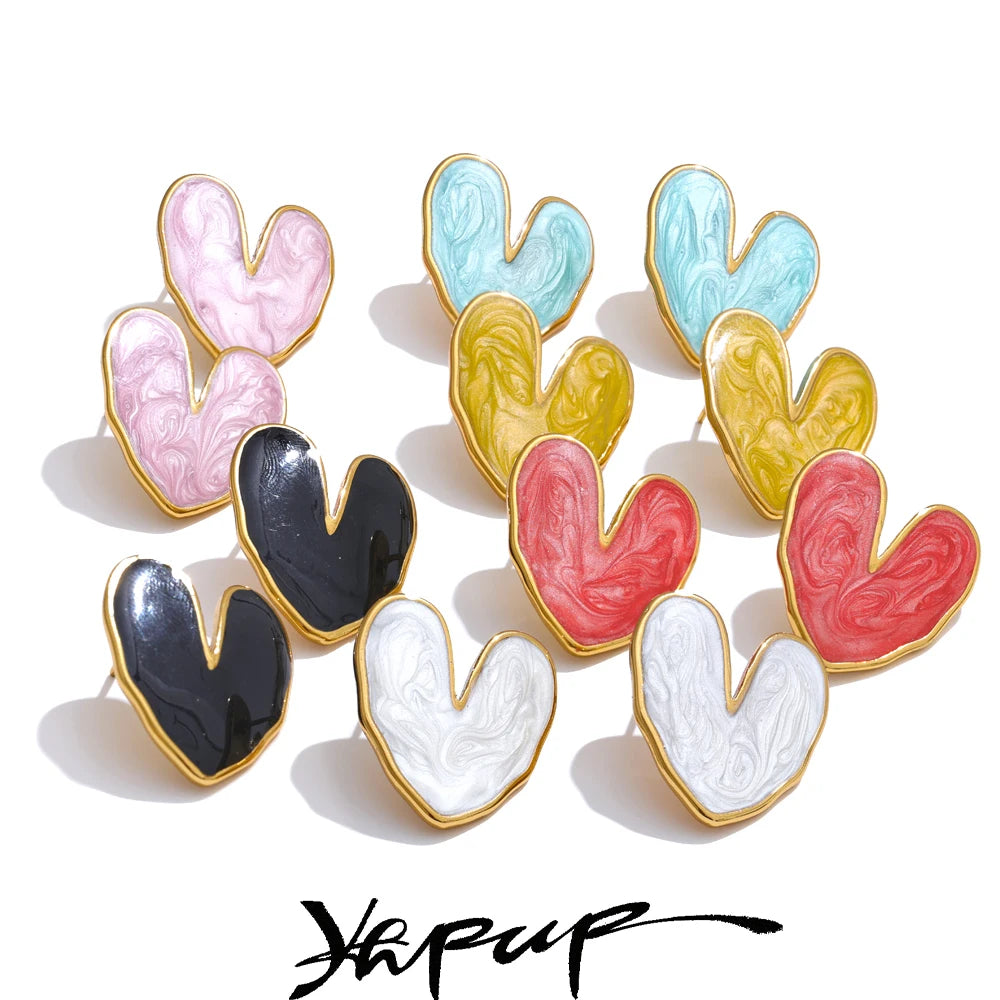 Yhpup Sweet Enamel 3-colors Heart Spring Summer Love Stud Earrings Waterproof Stainless Steel Fashion Y2K Daily Jewelry 2024