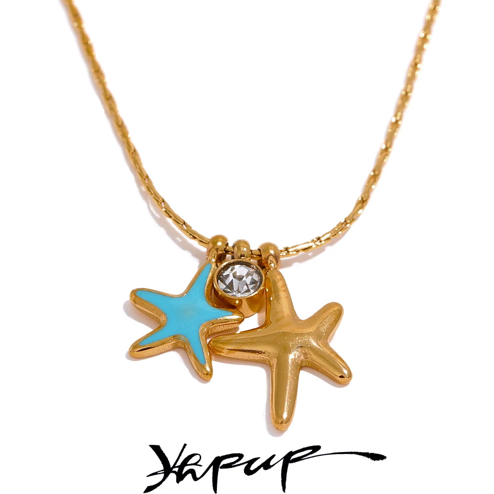 Yhpup Summer Starfish CZ Pendant Stainless Steel Stylish Necklace for Girl Cute Gold Color Waterproof Chic Jewelry Party Gift