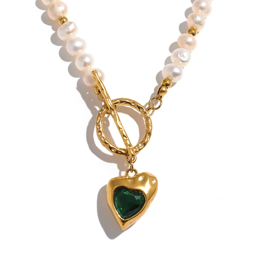 Yhpup Natural Freshwater Pearl Heart Stainless Steel Cubic Zirconia Pendant Necklace Aesthetic Luxury Chain Jewelry Women Gift