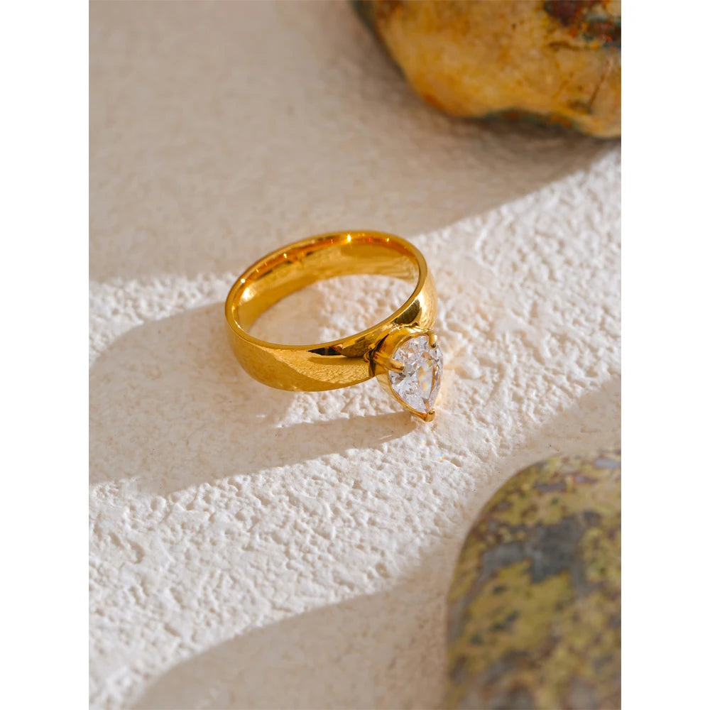 Yhpup AAA Shiny Cubic Zirconia Water Drop Geometric Golden Ring High Quality Delicate Smooth Jewelry Accessories for Women Gift