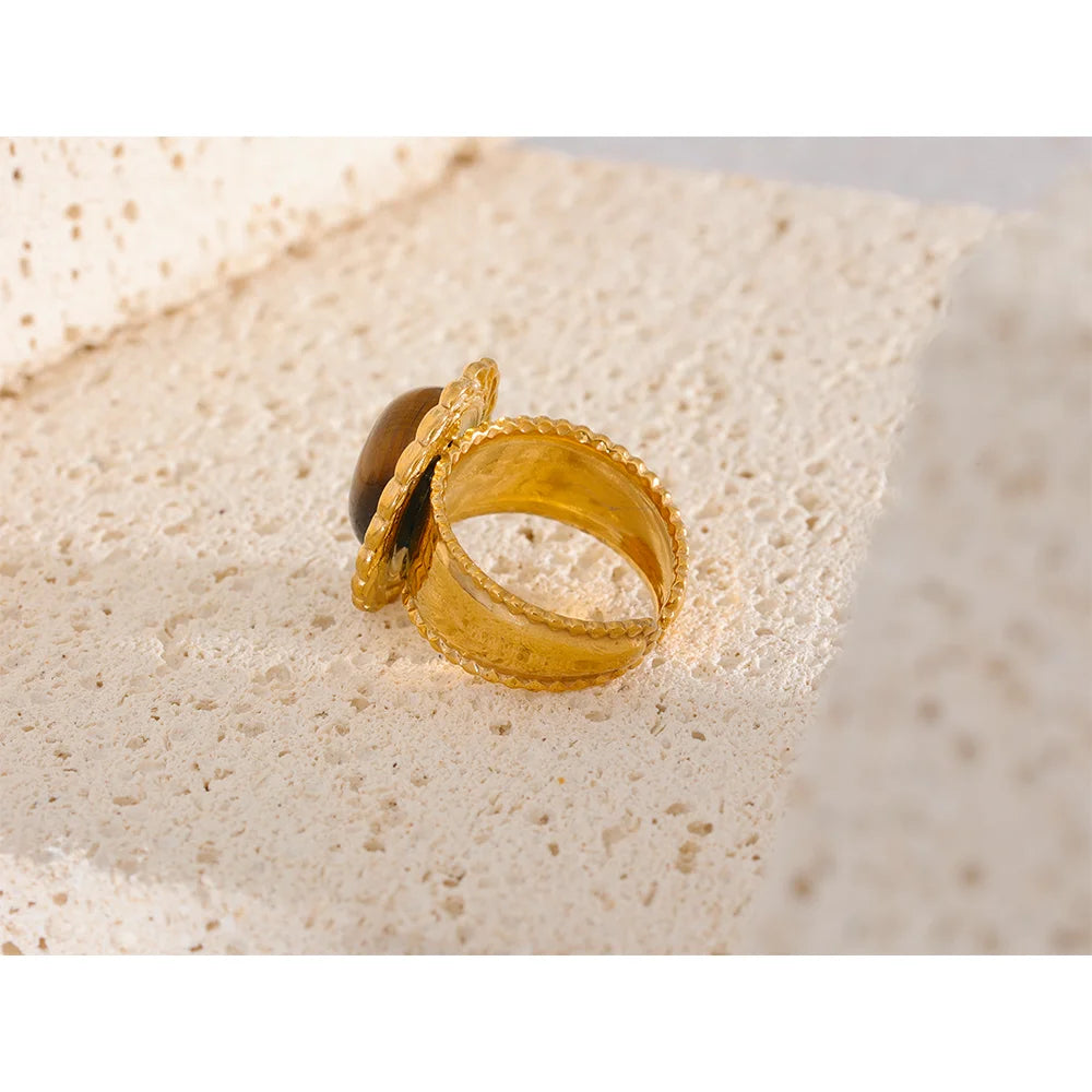 Yhpup Stainless Steel Wide Chunky Ring Inlaid Tiger Natural Stone Jewelry Trend Europe Bijoux Vintage Stylish Statement