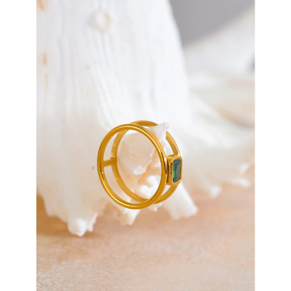 Yhpup Stainless Steel Double Layer Hollow Green Cubic Zirconia Fashion Ring Exquisite Rust Proof 18K Gold Color Finger Jewelry