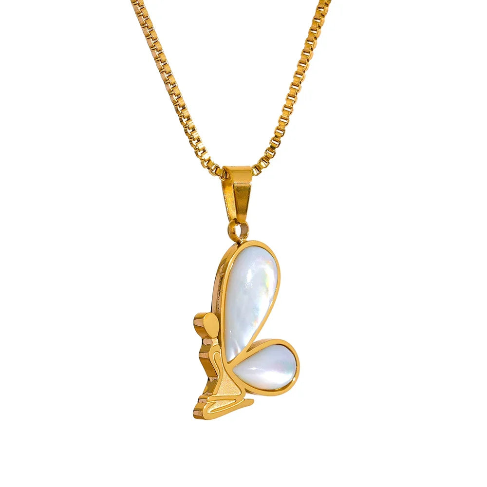 Yhpup Stainless Steel Butterfly Pendant Necklace Inlaid Natural Shell 18K Gold Color Charms Jewelry for Women Waterproof Gift