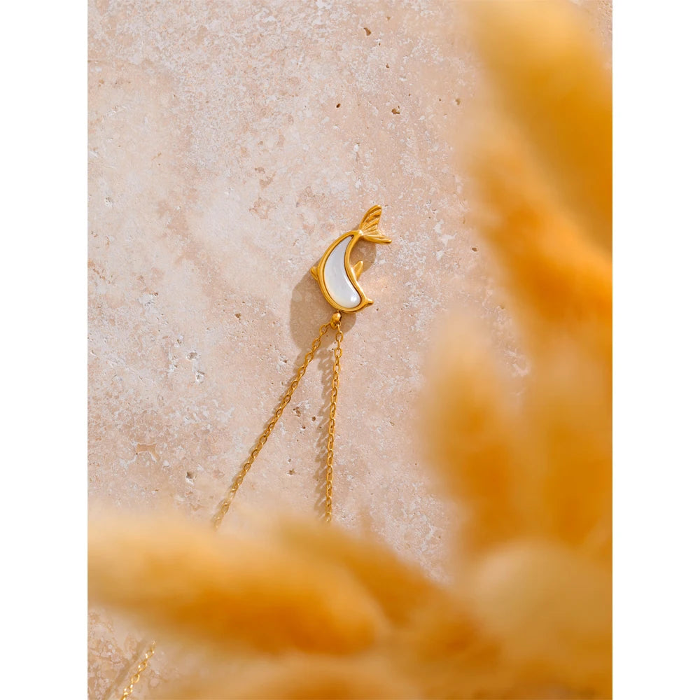 Yhpup Fashion Stainless Steel Natural Shell Dolphin Pendant Necklace Exquisite Classic Element Jewelry Gift