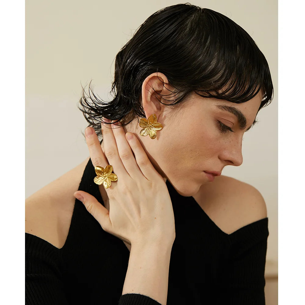 Yhpup Tarnish Free Vintage Gold Color Stainless Steel Flower Metal Stud Earrings for Women Individual Stylish Trendy Jewelry