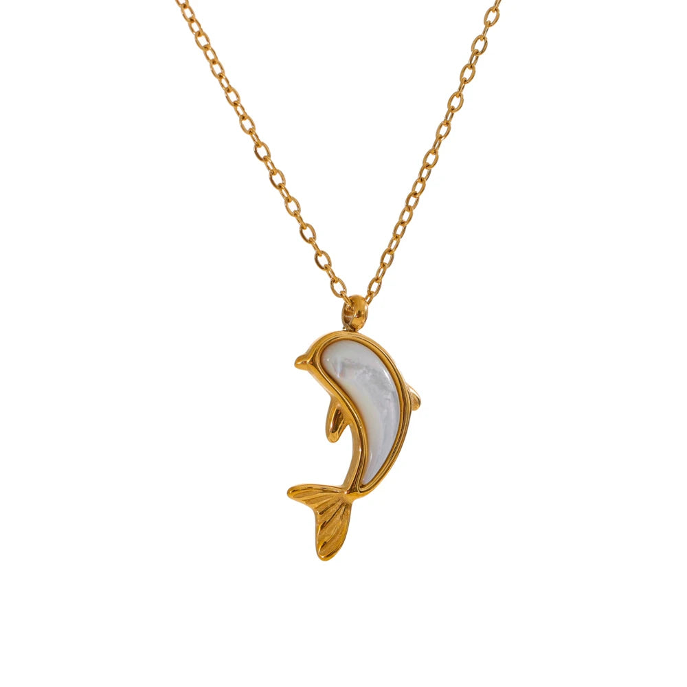 Yhpup Fashion Stainless Steel Natural Shell Dolphin Pendant Necklace Exquisite Classic Element Jewelry Gift