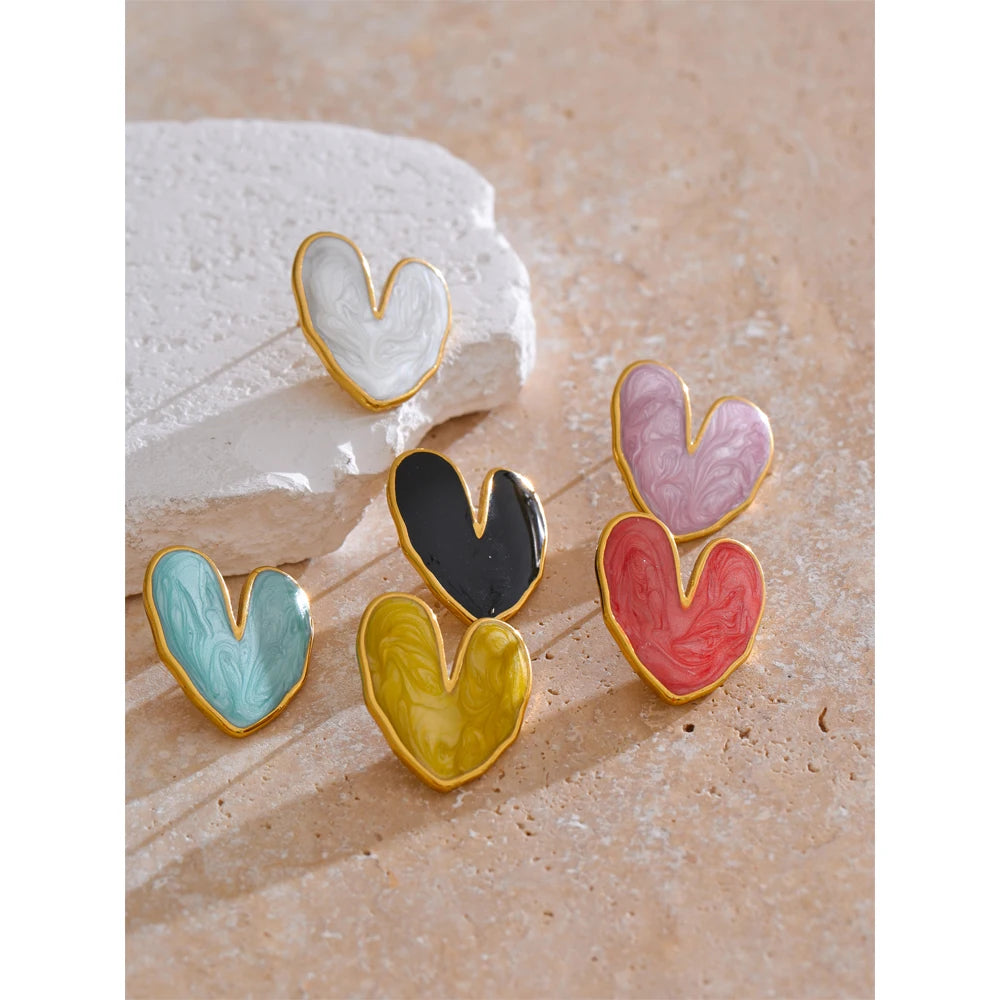 Yhpup Sweet Enamel 3-colors Heart Spring Summer Love Stud Earrings Waterproof Stainless Steel Fashion Y2K Daily Jewelry 2024
