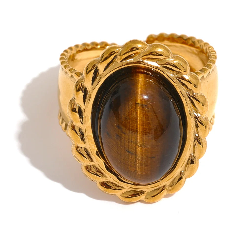 Yhpup Stainless Steel Wide Chunky Ring Inlaid Tiger Natural Stone Jewelry Trend Europe Bijoux Vintage Stylish Statement