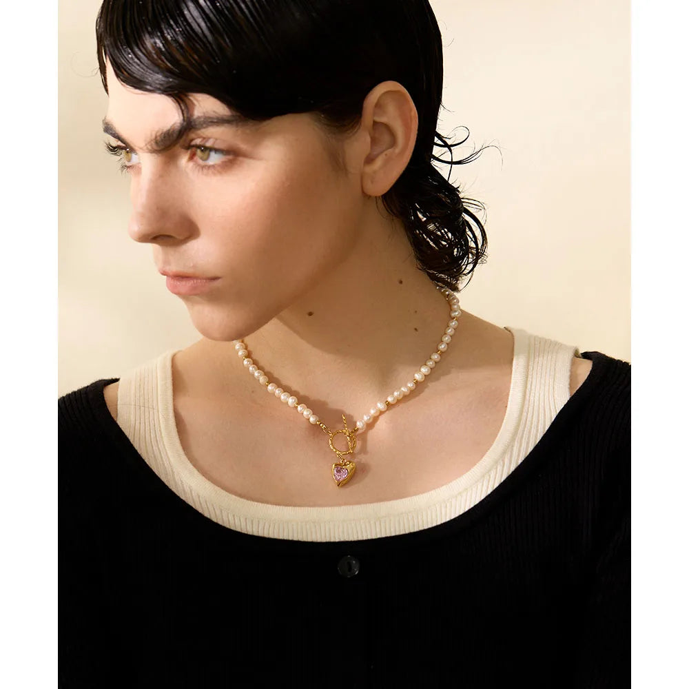 Yhpup Natural Freshwater Pearl Heart Stainless Steel Cubic Zirconia Pendant Necklace Aesthetic Luxury Chain Jewelry Women Gift