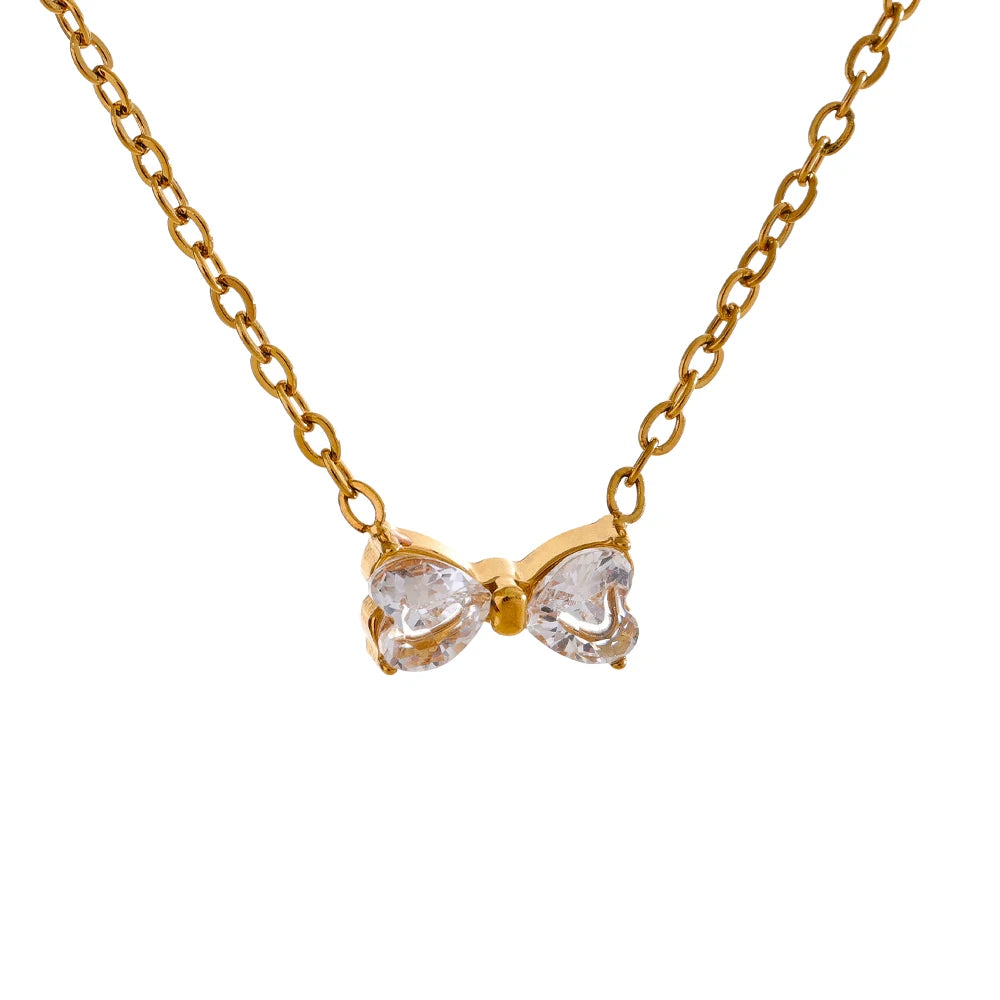 Yhpup Delicate Shiny Cubic Zirconia Bowknot Bow Trendy Necklace 2024 Chic Bling Pendant for Women Premium Waterproof Jewelry