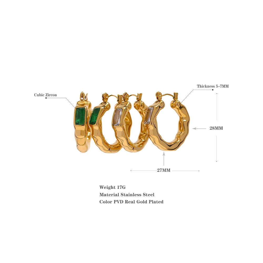 Yhpup Stainless Steel Cubic Zirconia Green CZ Textured Metal Hoop Earrings Jewelri for Woman Korean Temperament ZA Earring