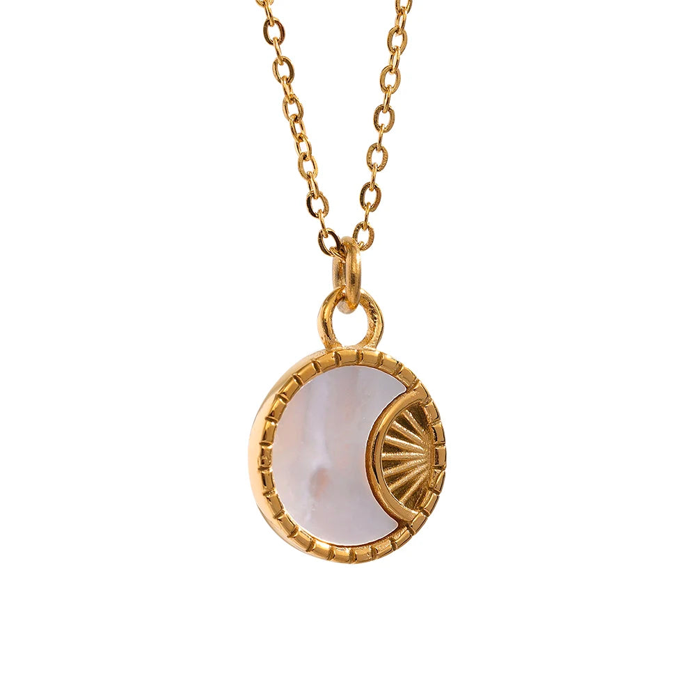 Yhpup Charm Natural Shell Star Moon Round Pendant Drop Stainless Steel Necklace Earrings Jewelry Set for Women Accessories