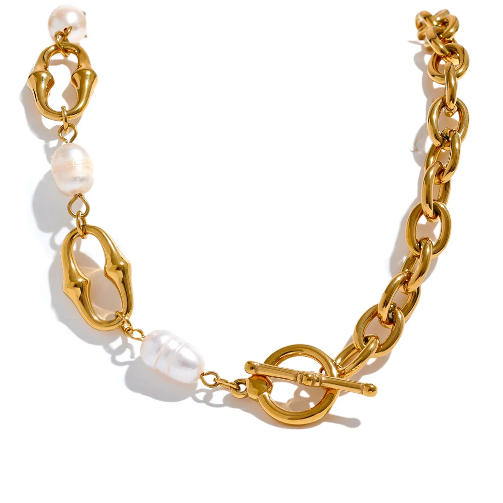 Yhpup 316l Stainless Steel Natural Pearl Chain Toggle-Clasps Bracelet Bangle for Women Elegant Fashion Jewelry Bijoux Waterproof
