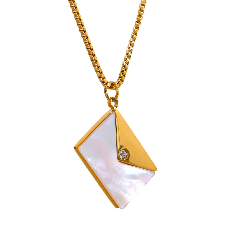 Yhpup Fashion Envelope Natural Shell Pendant Stainless Steel Chic Necklace for Women Stylish 18K PVD Plated Jewelry Bijoux