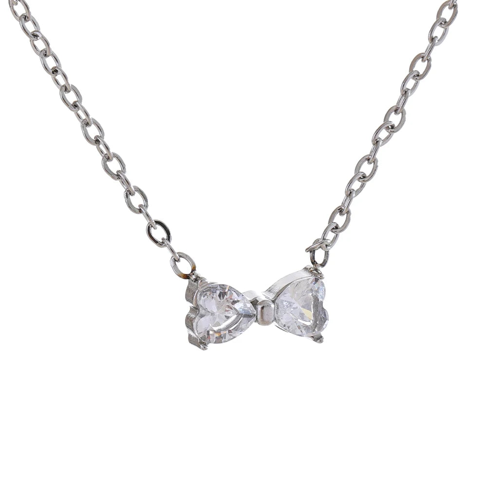 Yhpup Delicate Shiny Cubic Zirconia Bowknot Bow Trendy Necklace 2024 Chic Bling Pendant for Women Premium Waterproof Jewelry