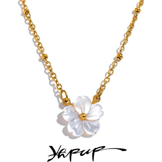 Yhpup Chic Fashion Natural Shell Flower Pendant Necklace Gift Stainless Steel Exquisite Chain Gold Color Premium Jewelry Bijoux