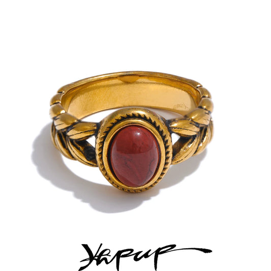 Yhpup Retro Stainless Steel Red Gold Color Smearing Black Natural Stone Ring 18K PVD Plated Rust Proof Vintage Finger Jewelry