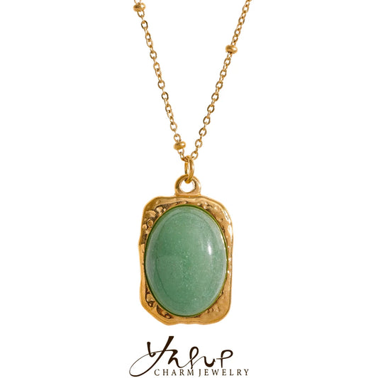 Yhpup Natural Stone Square Pendant Stainless Steel Necklace Amethyst Green Aventurine Charm Fashion Collar Jewelry  Women