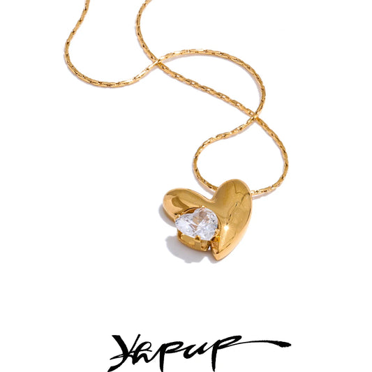 Yhpup Stylish Design Stainless Steel Metal Zirconia Heart Pendant Necklace Golden Collar Romantic Charm Jewelry Gift 2025