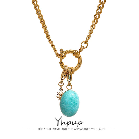 Yhpup Stainless Steel Blue Natural Stone Star Chain Collar Necklace Waterproof Jewelry Delicate Charm Collier for Women