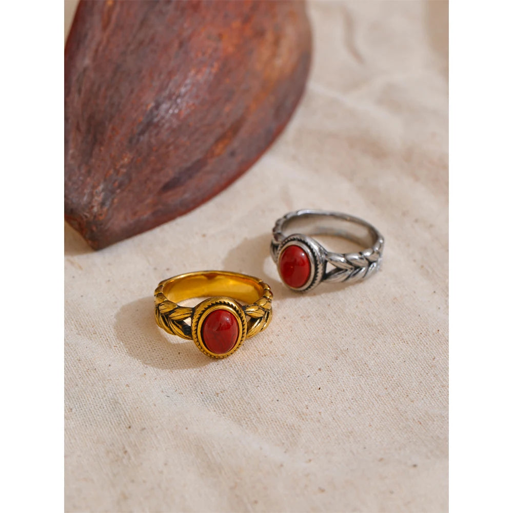 Yhpup Retro Stainless Steel Red Gold Color Smearing Black Natural Stone Ring 18K PVD Plated Rust Proof Vintage Finger Jewelry