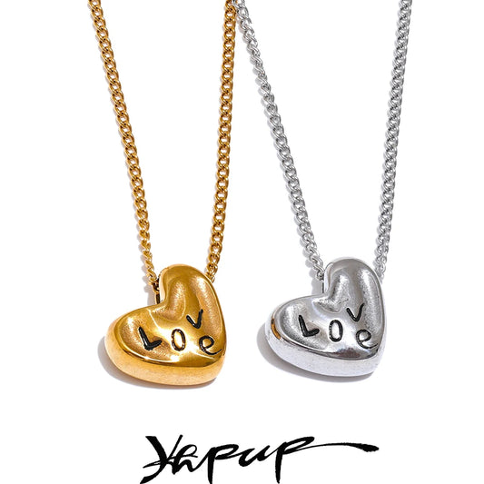 Yhpup Romantic Heart Love Necklace Cast Pendant Crossover Chain 2024 Stainless Steel Waterproof Charm Trendy Jewelry Accessories