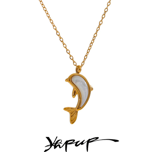 Yhpup Fashion Stainless Steel Natural Shell Dolphin Pendant Necklace Exquisite Classic Element Jewelry Gift
