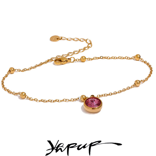 Yhpup Stainless Steel Gold Color Stylish Anklet for Women Exquisite Pink Green Cubic Zirconia Chain Waterproof Summer Jewelry